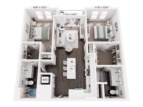 Floor plan for 2 beds, 2 baths, 1058 sqft